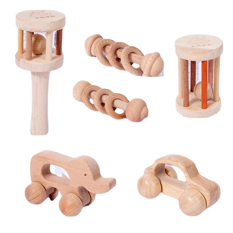 Baby rattle 0-3 years old baby Montessori solid wood can bite suit comfort grip children's wooden toys