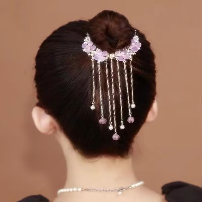 早春の新型の軽い豪華な紫晶の花のフリンジヘアクリップの後頭部の団子の頭は馬の尾を巻いて髪飾りの卸売りを掛けます。|undefined
