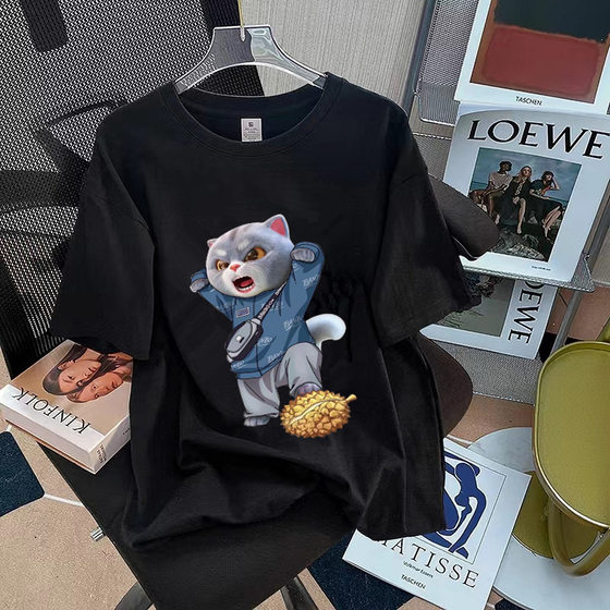 Pure Cotton T-Shirt 2023 Trendy Brand Sports New Men's Loose plus size Crewneck Printed Internet Celebrity Base Top