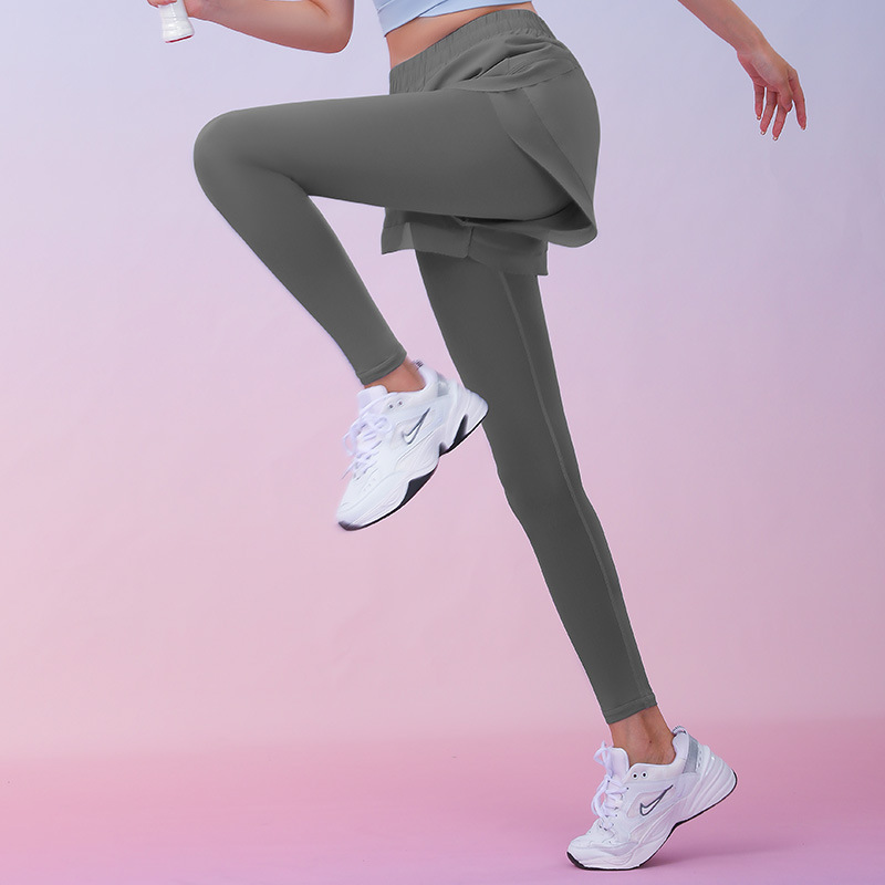 Peach mesh quick-drying trousers running fitness fake two-piece side pocket foot mouth stitching yarn matte fabric yoga pants for women