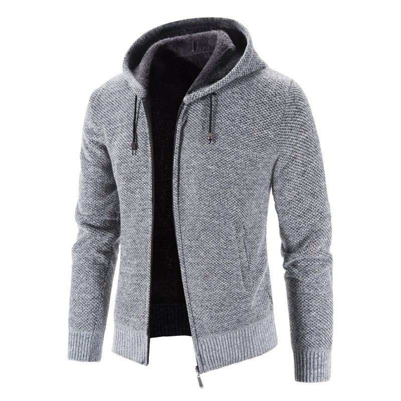 Cross-border foreign trade new autumn and winter fleece-lined thickened plus size men's sweater coat hooded zipper cardigan warm sweater