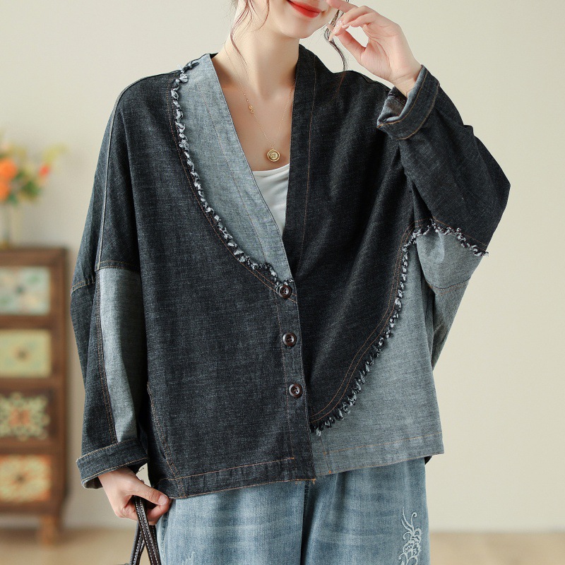 Autumn and Winter Japanese style New plus size design artistic retro stitching Denim coat women's loose slimming top