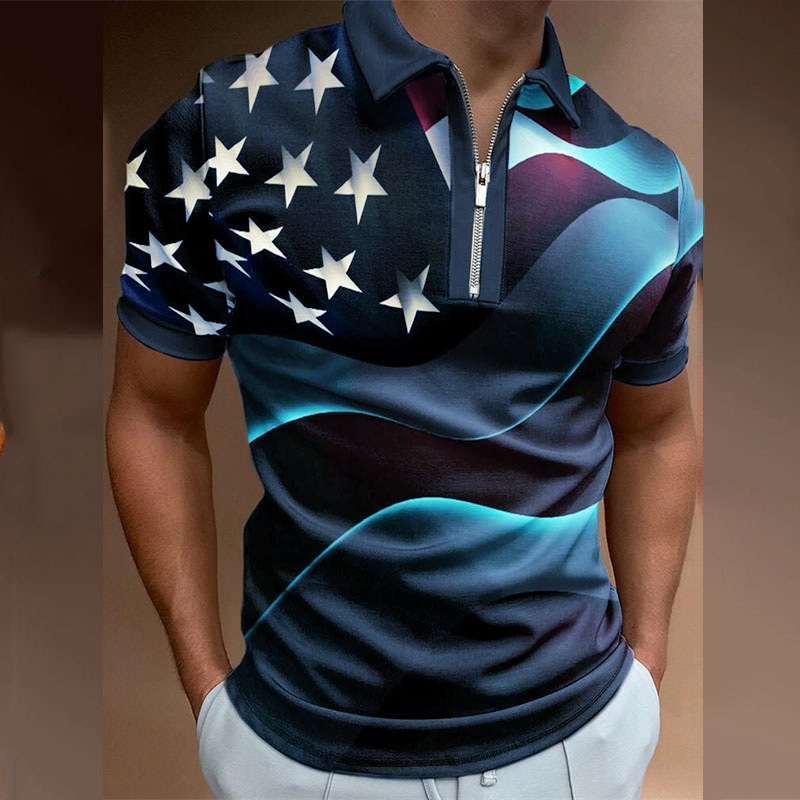 Cross-border 2023 Independent station spring and summer AliExpress Amazon new 3D printed short sleeve polo shirt zipper men's T-shirt