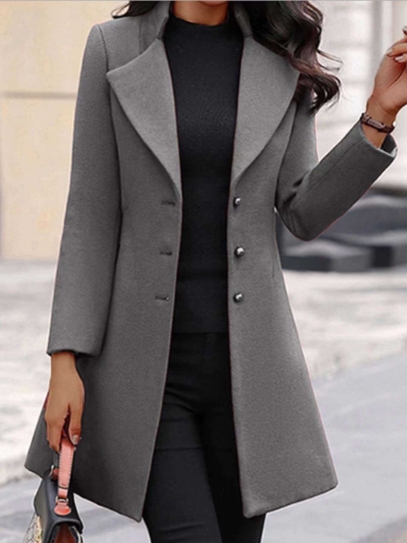 2024 New European and American Cross-border Autumn and Winter Long Korean Lapel Slim Solid Color Slim-fit Women's Woolen Coat