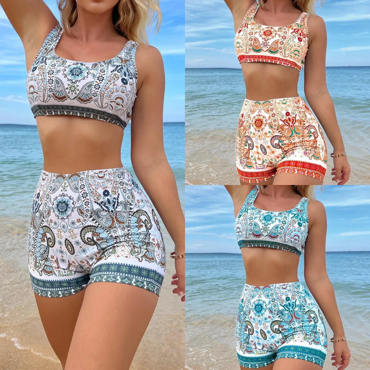 2023 new European and American cross-border split swimsuit retro ethnic style printed high waist boxer bikini fashion swimsuit