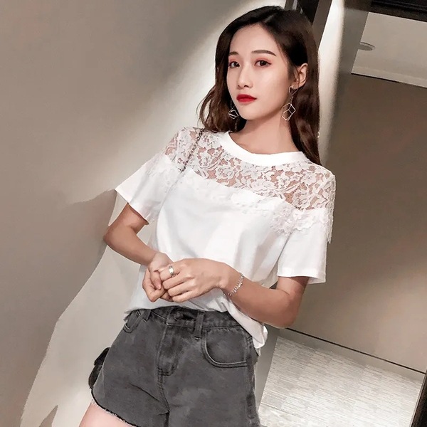 Cross-border Lace Stitching Round Neck T-shirt Summer 2022 New Design Sense Niche Western Style Short Sleeve Student Top