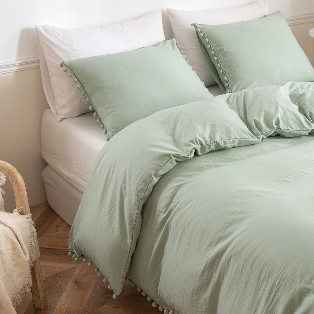 Cross-border Amazon Foreign Trade home textile supply three-piece bedding set solid color washed cotton ball quilt cover set