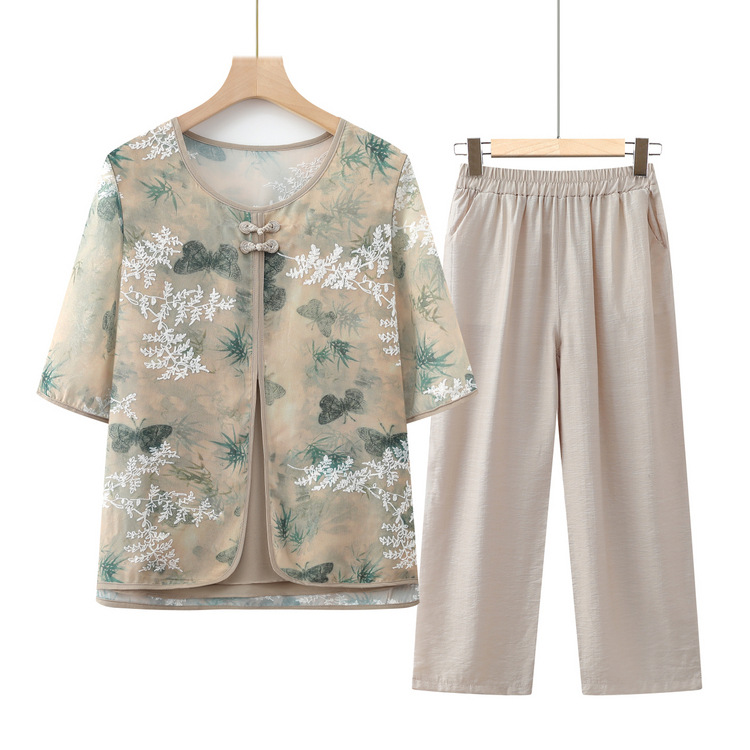 Grandma 2024 New Fake Two-piece Shirt Middle-aged and Old Spring National Style Printed Top Female Mother Spring and Summer Shirt