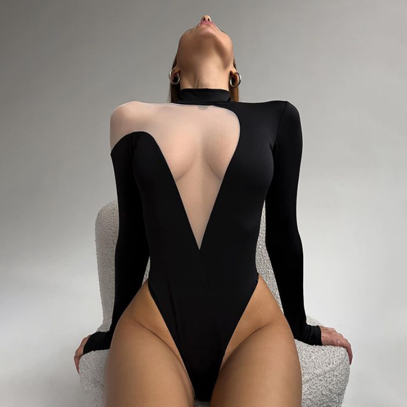 Cross-border European and American  spring new women's clothing ins fashion sexy hot girl deep V mesh splicing long-sleeved jumpsuit