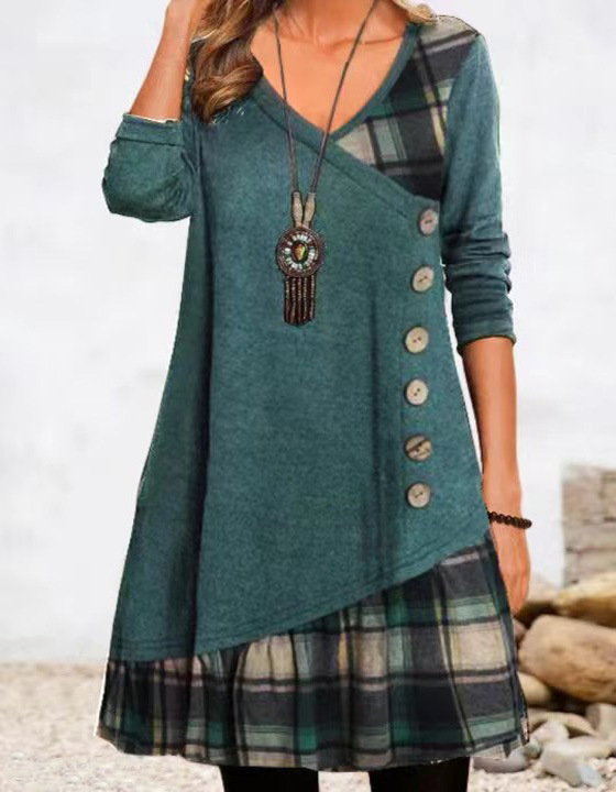 2023 Europe and America Amazon independent station TEMU cross-border new women's casual stitching button long sleeve dress