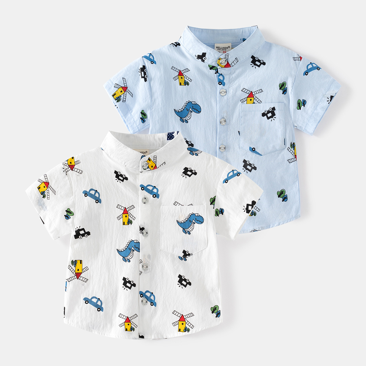 New cartoon-style summer stand-up collar short-sleeved casual soft and comfortable breathable children's shirts for young boys