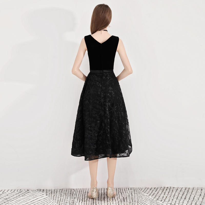 Black Evening Dress Women's 2023 New Doggy Elegant Banquet Slimming Mid-length Celebrity Annual Meeting Dress