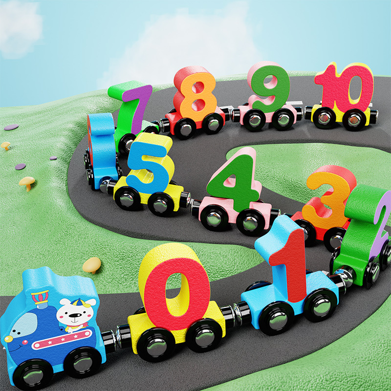 Children's Wooden Magnetic Digital Train Stitching Building Blocks Toys Boys and Girls 1-2-3 Years Old Baby Early Education Enlightenment