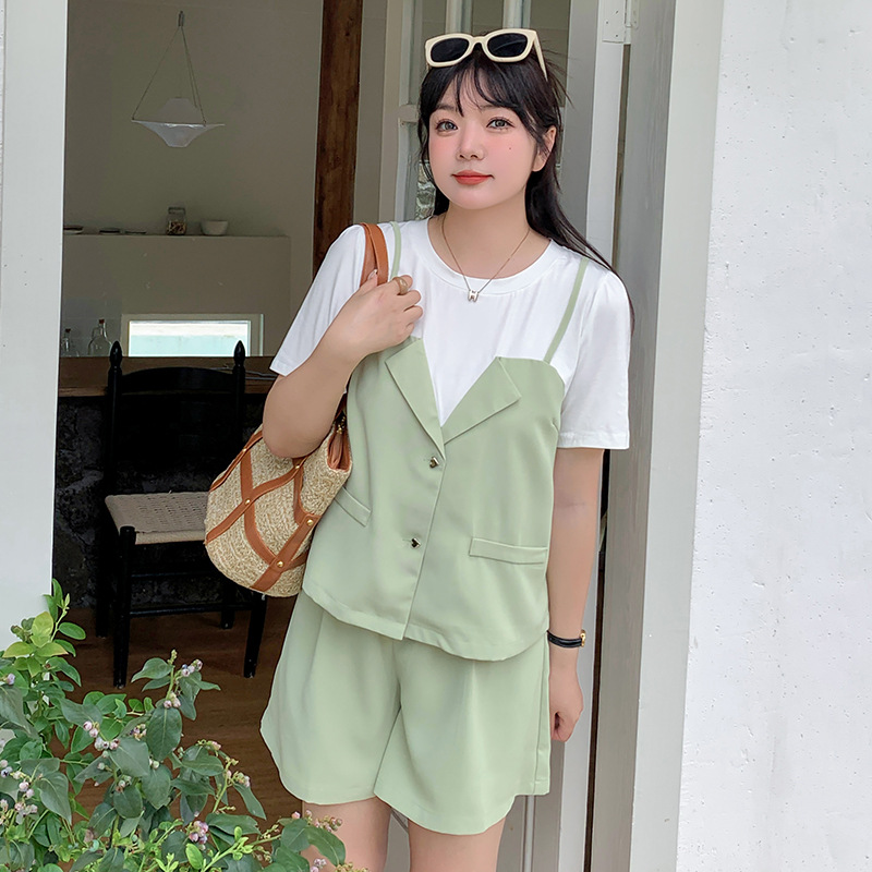Enoch plus size Women's Fake Two-piece Top Shorts suit 2024 Summer New Meat Covering Two-piece 260415