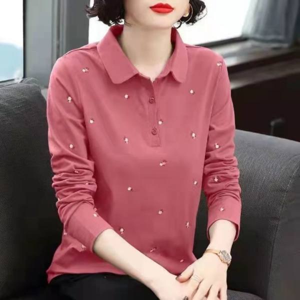 Polo Shirt Long-sleeved T-shirt Women's Loose Large Size Mother's Spring 2032 New T-shirt Slimming Top Base Shirt