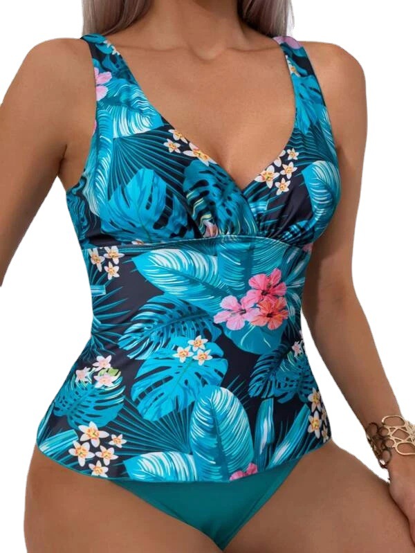 2023 Amazon new cross-border foreign trade swimsuit split nylon solid color leaves printed shoulder strap tankini women