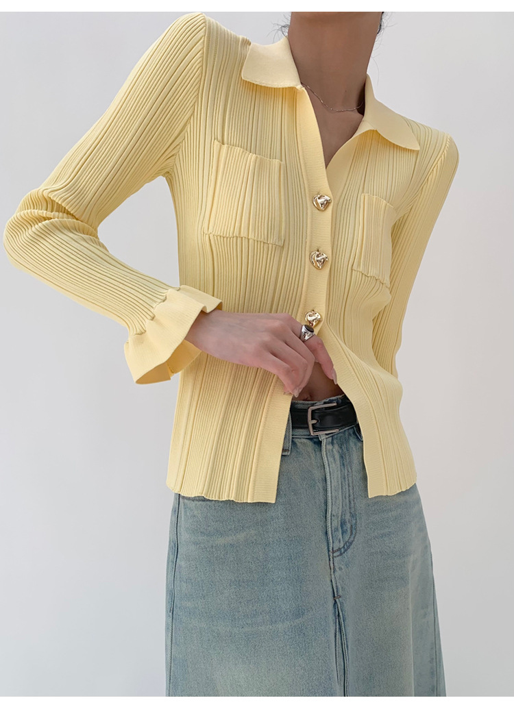 [Nouveauté le 21/03] Nouveau design Sense Split Knitted Jacket Cardigan jaune clair au printemps 2024_voghion.com