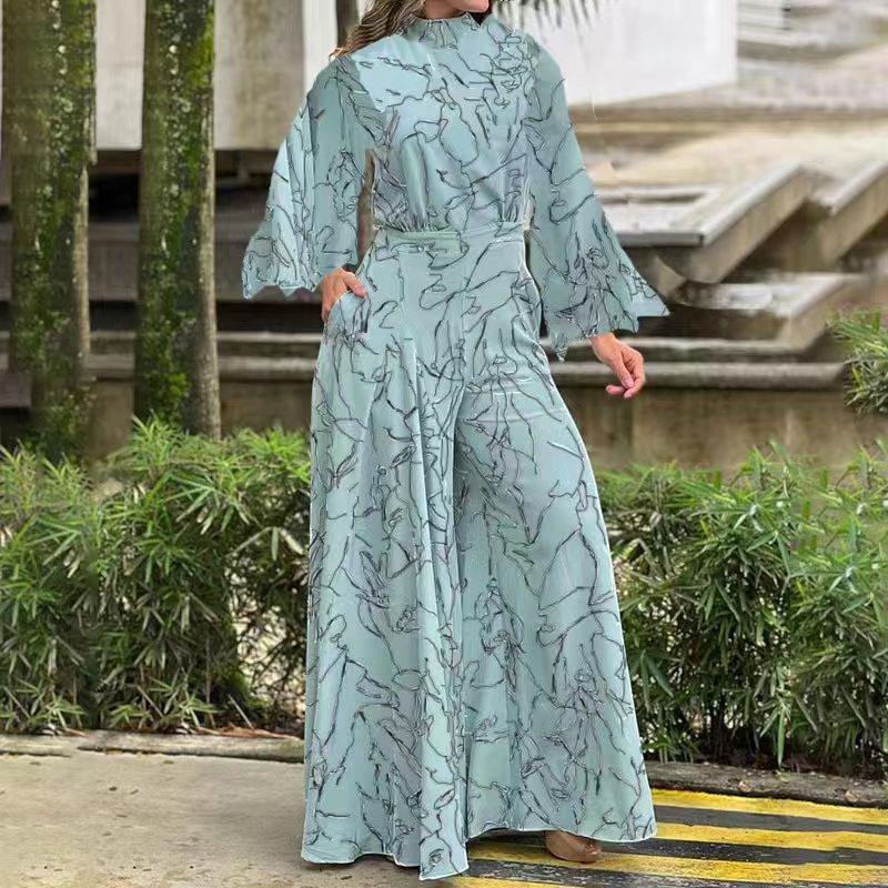 2022 Summer European and American Women's Clothing Amazon Elegant Elegant Waisted Lace-up Long Sleeve Neck Trousers Printed Jumpsuit
