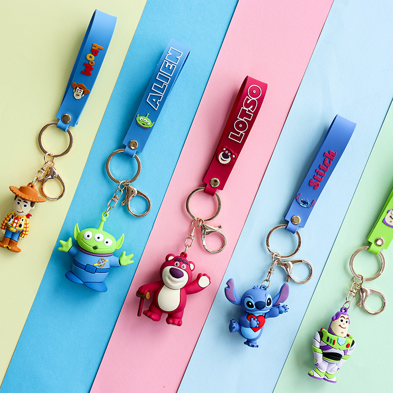 Disney Cartoon Three-eyed Strawberry Bear Stitch Keychain Gift Hanging Cute Doll Keychain Pendant