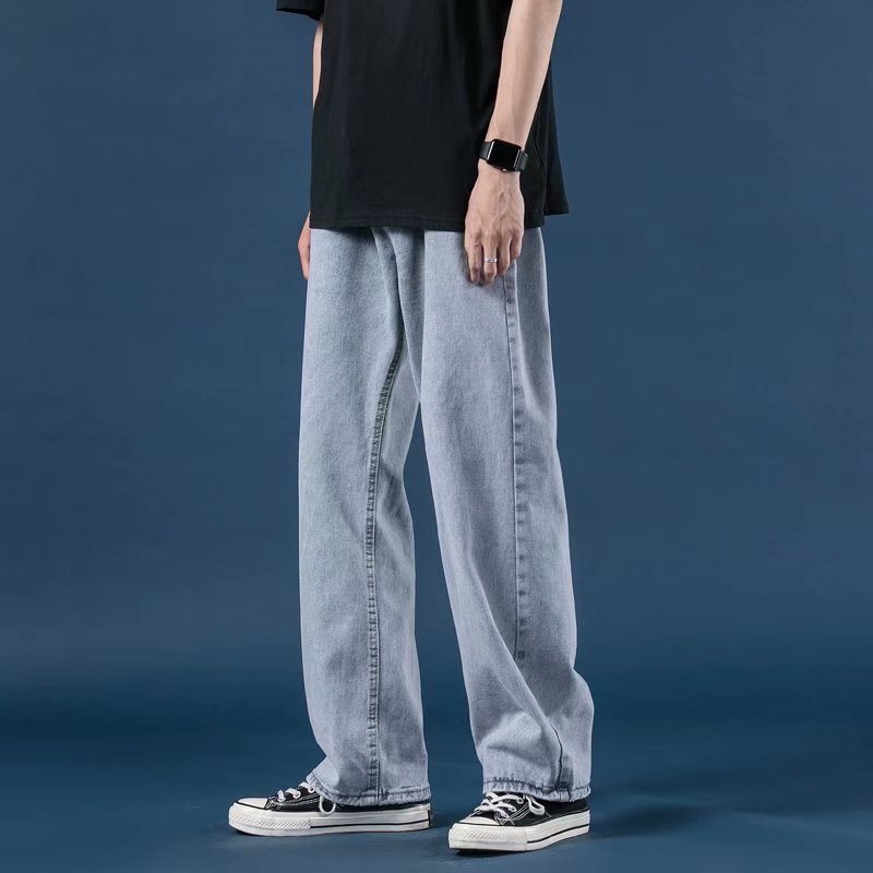 Light Color Jeans Men's Loose Fashionable Brand Washed Straight Pants Korean Style Fashionable Retro Wide Leg Dads Pants