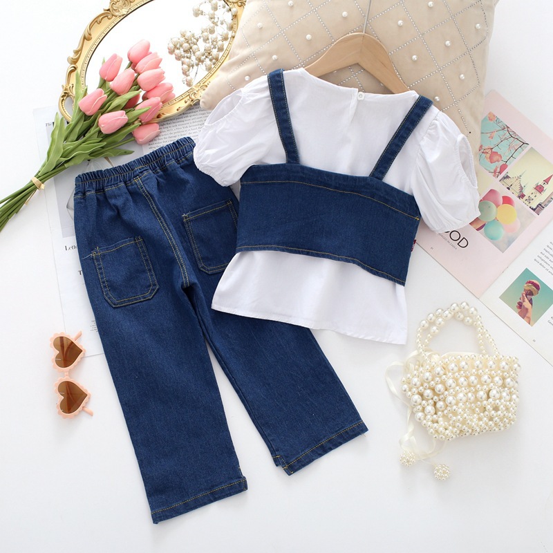 Girls' Suit Spring and Summer Children's Wear 7-year-old Children's Denim Suit Three-piece Sling Shirt Pants LT22171