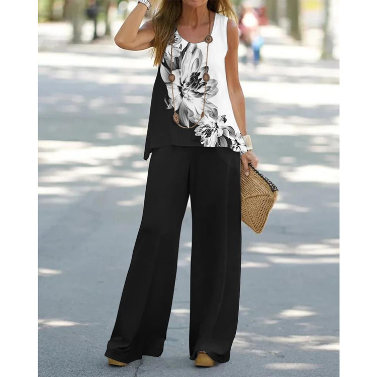 2023 Cross-border Foreign Trade Europe and America Summer Casual Women's Printed Sleeveless Top Elastic High Waist Pants Two-piece Suit_voghion.com