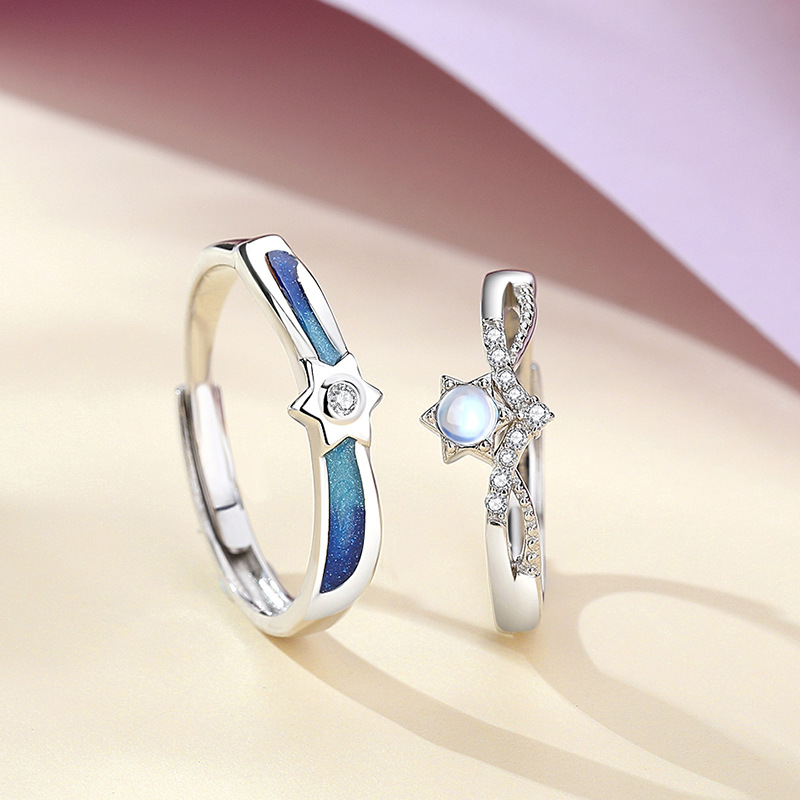 Design originale Incontra Starlight Couple Anello in argento sterling Anello coreano con pietra di luna Anello con zircone micro-intarsiato_voghion.com