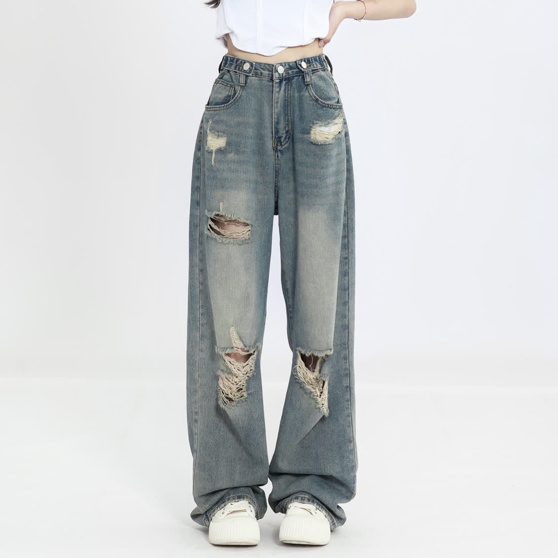 High waist ripped wide leg jeans for women 2023 spring and summer New loose slimming retro draping straight mop pants fashion