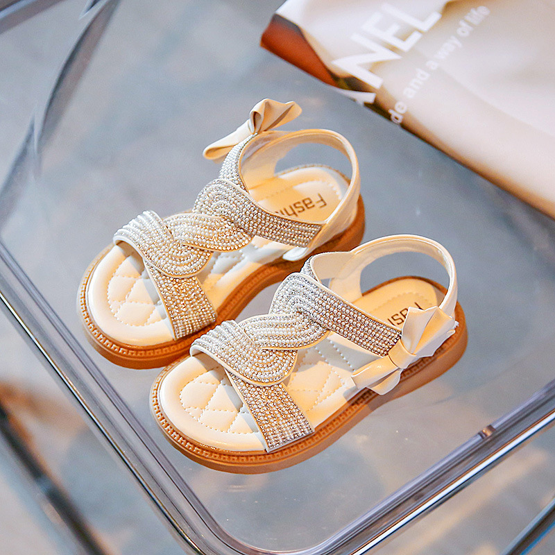 Girls' sandals 2024 Summer new sandals medium and big children Pearl Rhinestone Lady Roman shoes fashion Princess sandals