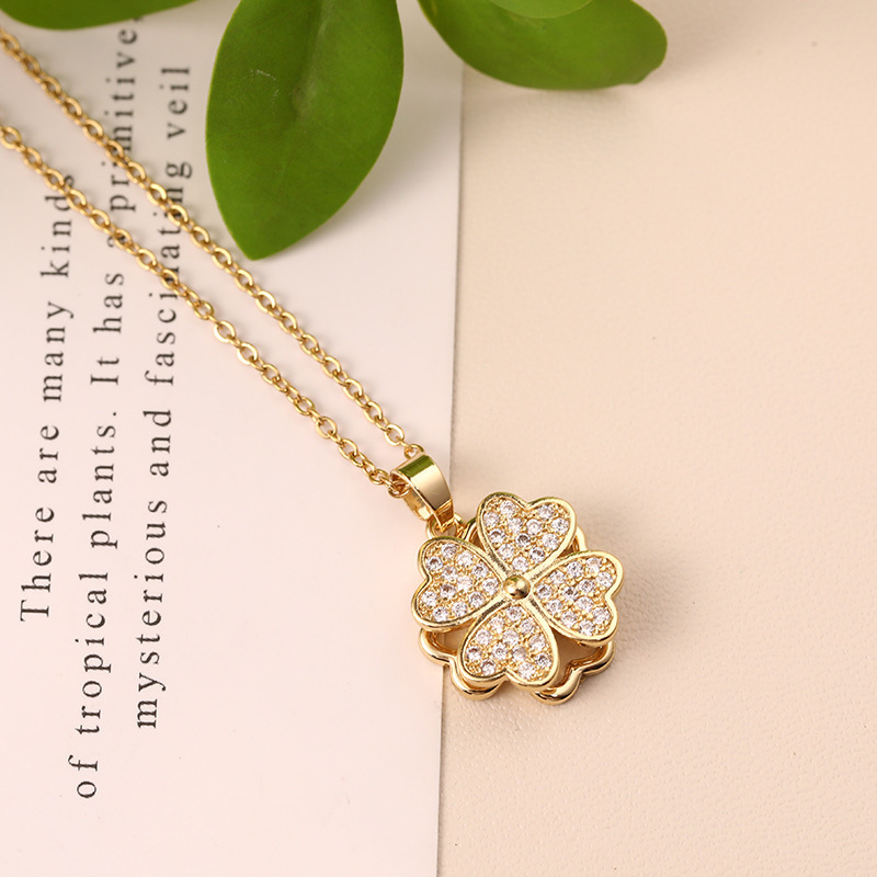 Minimalist Style Four-Leaf Clover Korean Version Titanium Steel Clavicle Necklace for Women, New Double Layer Four-Leaf Clover Fashion Pendant Titanium Steel for Women