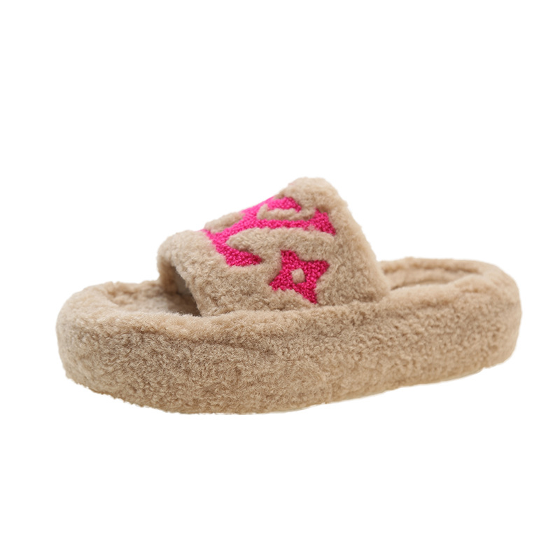 Women's fur slippers for outer wear 2023 autumn and winter New thick-soled Chanel style fur shoes home indoor non-slip fashion cotton slippers