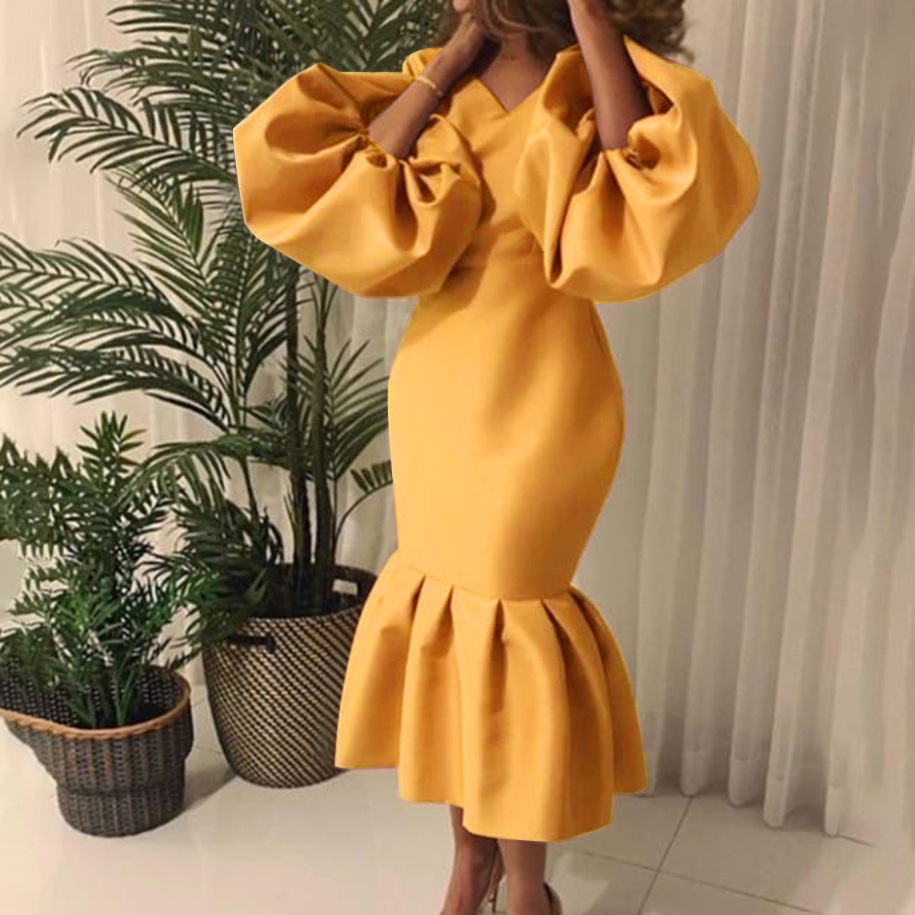 D115 Cross-border Source African Large Size Women's Fashion Solid Color V-neck Bubble Long Sleeve Fishtail Dress European and American Dress