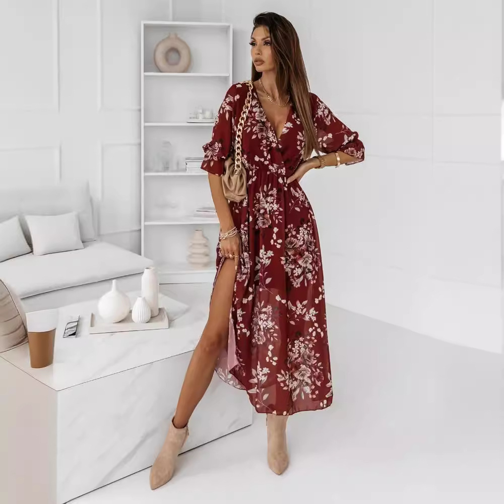 2022 Women's Fashion V-neck Slim Fit Side Slit Chiffon Printed Dress