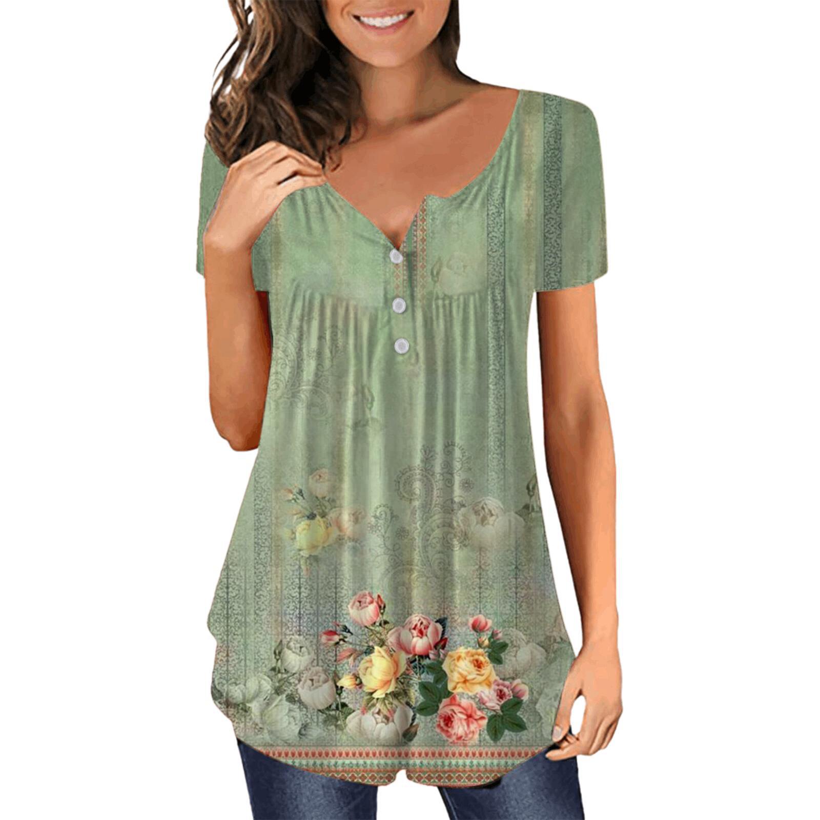 2023 Amazon Independent Station New Tunic Top Casual Shirt V-Neck Short Sleeve Button T-Shirt