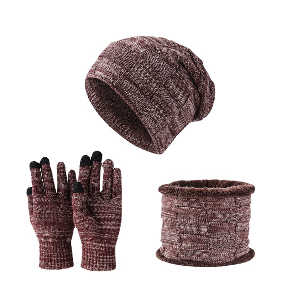 Cross-border European and American hat Amazon knitted hat men's and women's autumn and winter plus velvet padded hat scarf gloves three-piece set