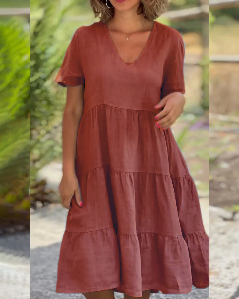 European and American summer new women's clothing fresh sweet V-neck solid color large swing casual short skirt dress