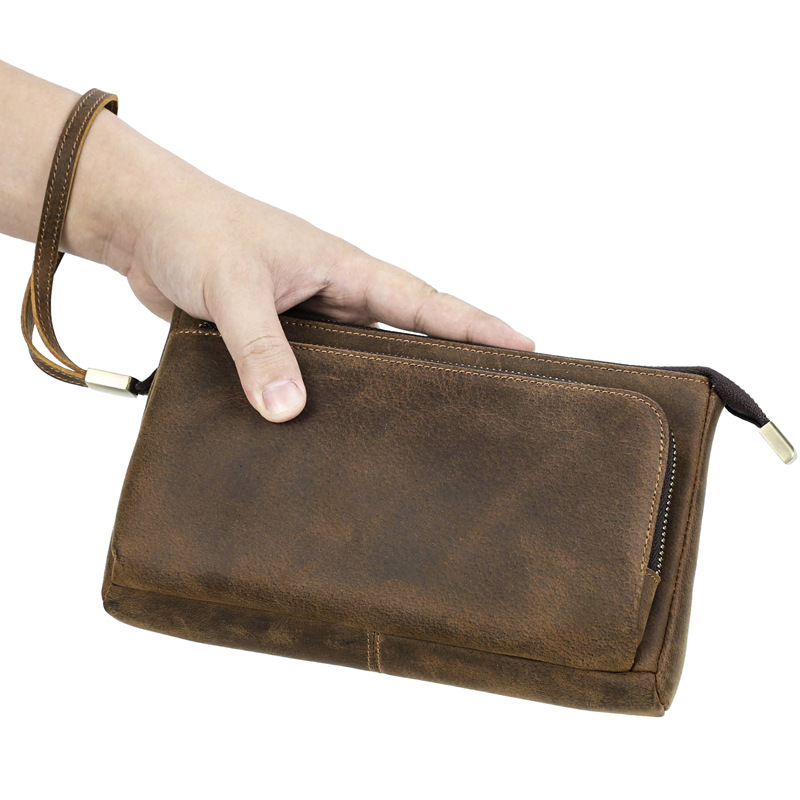 Black Angel Vintage Crazy Horse Cowhide Casual Men's Mobile Phone Headset Storage Bag Multi Zipper Bag Combeter Clutch Bag