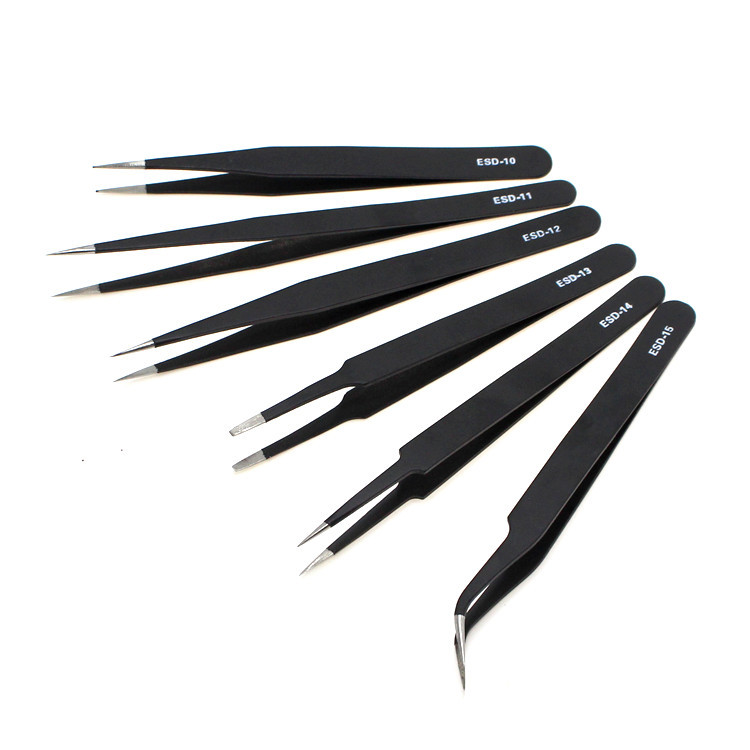 Stainless steel black tweezers anti-static ESD1mm elbow tip 6 piece set Bird's Nest clip removal machine tool repair