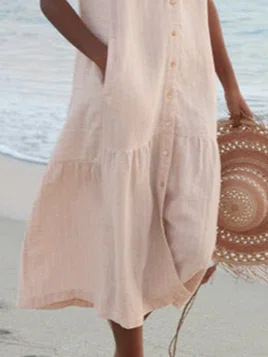 2023 Summer Foreign Trade Solid Color Cotton Sling Style Temperament Commuter Trendy Long Dress Loose Waist Pink Polka Dot Dress