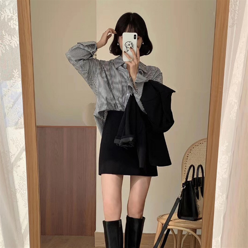 2023 South Korea Dongdaemun striped shirt women's long-sleeved shirt loose stacked versatile blue striped shirt