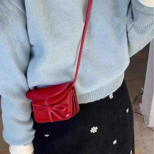 Niche design girl bow New Year small square bag Korean style all-match messenger bag western style red mini lipstick bag