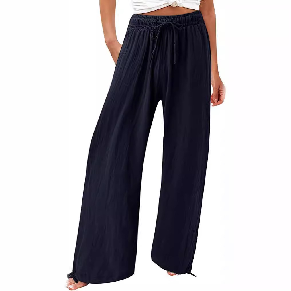 2023 Summer TEMU Amazon European and American Cross-border Women's New Cotton and Linen Wide Leg Beach Pants Casual Pants Women's Loose