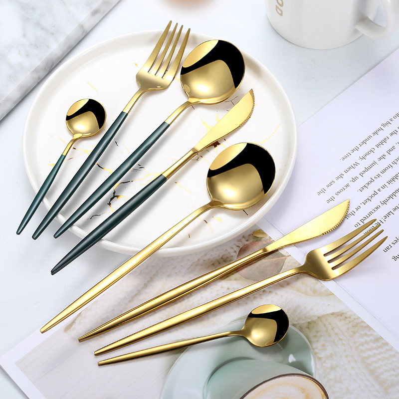 304 stainless steel knife and fork spoon Portuguese steak knife and fork Western food hotel tableware creative green gold knife and fork spoon set