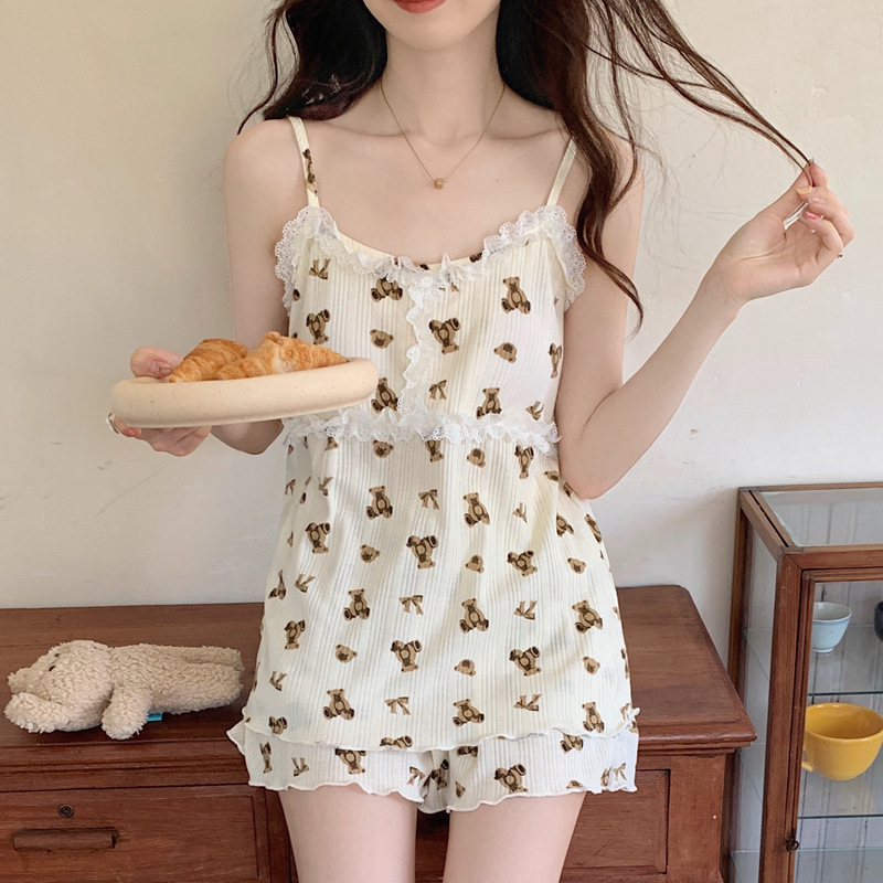 Pajamas with Chest Pad Women's Sling Summer Cartoon Bear Cute Sweet Princess Style Summer Thin Home Clothes Set