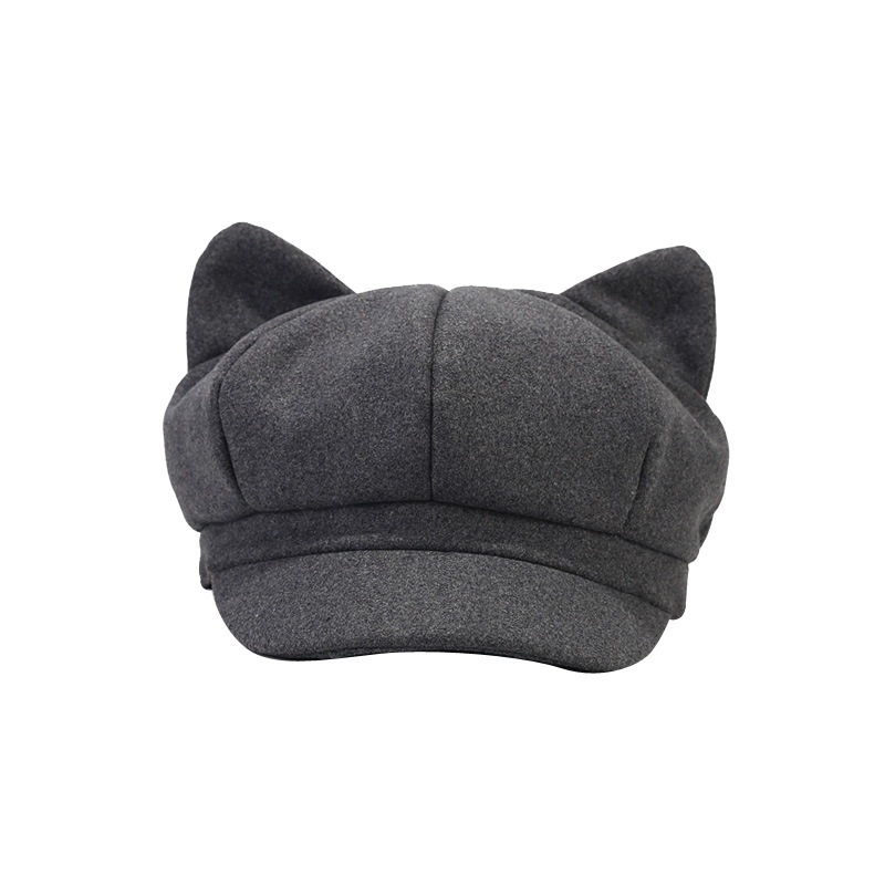 Autumn and Winter New Cute Cat Ears Cyber Celebrity Octagonal Cap British Retro Wool Cap Solid Color Trendy Painter Cap