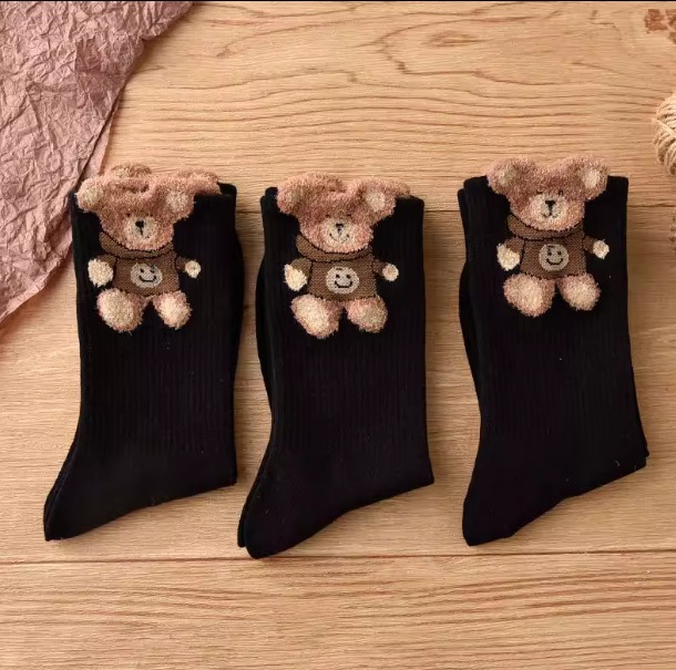 Feather yarn Brown cute plush bear socks women's mid-calf length socks Japanese autumn and winter stockings