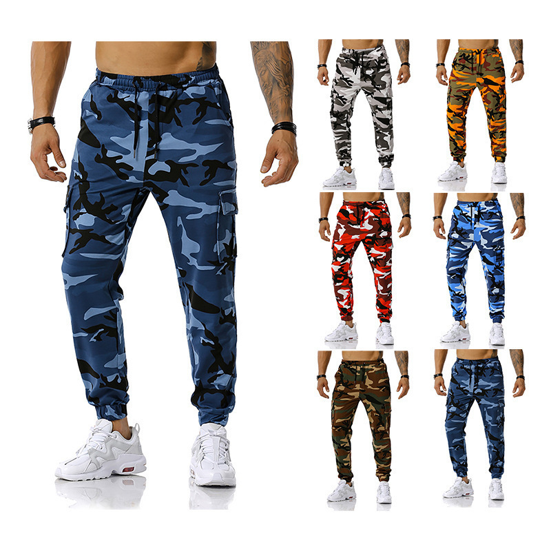 2023 foreign trade new European size men's stitching camouflage jogging pants outdoor sports pants football training pants fitness pants