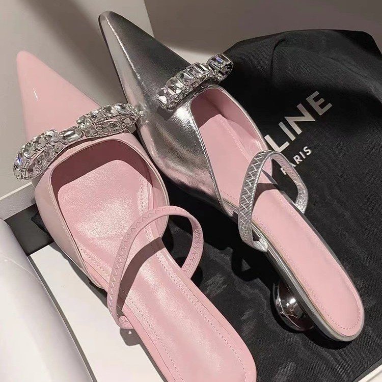 Princess pink ~ GREAT BEAUTY! Patent leather pink half closed toe sandals slip-on half slippers women's outer wear silver pointed toe shoes