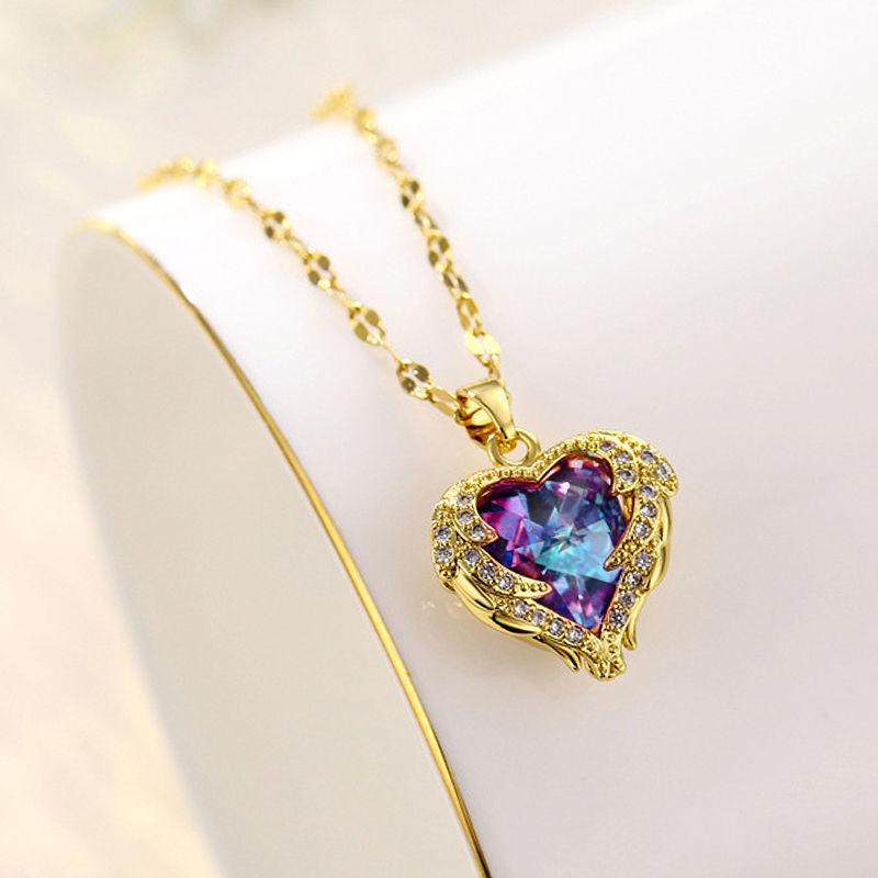 Titanium Steel Ocean Heart Titanium Steel Necklace Women's Full Diamond Colorful Crystal Pendant Clavicle Chain Trend Short Sweater Chain -319