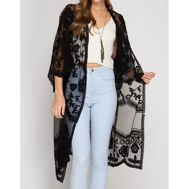Amazon European and American Beach Blouse Embroidered Lace Loose Vacation Bikini Blouse Cardigan Outer Overalls Cross-Border